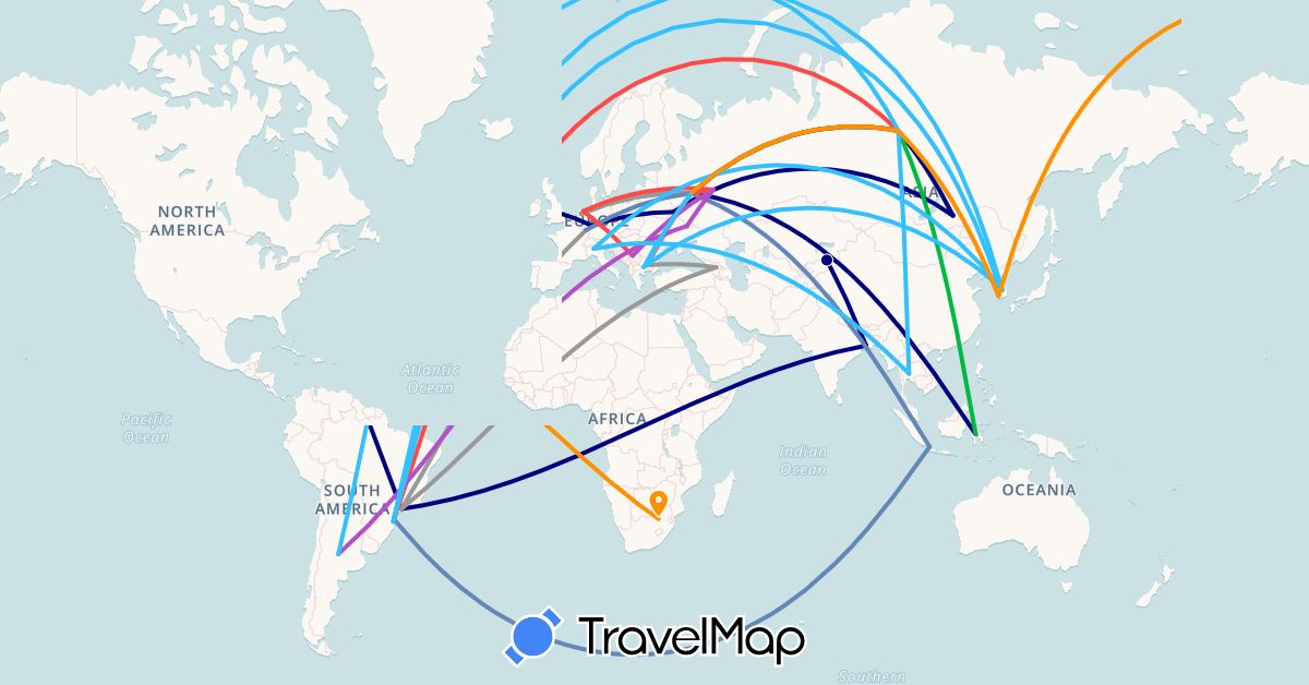 TravelMap itinerary: driving, bus, plane, cycling, train, hiking, boat, hitchhiking in Argentina, Bulgaria, Brazil, Germany, Georgia, Indonesia, India, Italy, South Korea, Kazakhstan, Netherlands, Serbia, Russia, Thailand, Ukraine, United States, South Africa (Africa, Asia, Europe, North America, South America)